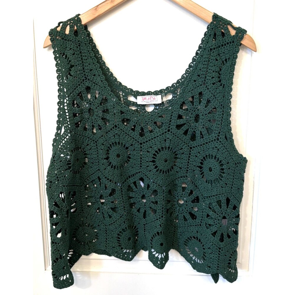 Open Knit Crochet Cropped Green Tank One Size 100% Cotton Boho Festival Forest